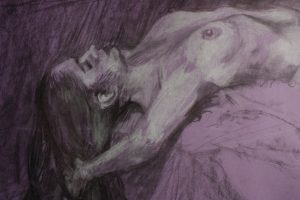Lady lying chalk & charcoal zoomed in purple background life drawing - Tolbiny