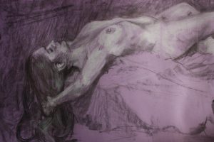 Lady lying chalk & charcoal purple background life drawing - Tolbiny