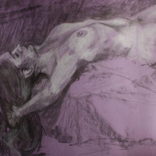 Lady lying chalk & charcoal purple background life drawing - Tolbiny